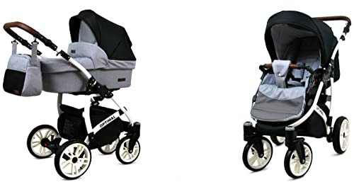 BabyLux Optimal 2-in-1 Baby Kinderwagen Tief und Kinderwagen mit Zubehör Verstellbar und faltbar Aluminium Konstruktion Wasserdicht Nicht abnehmbare Räder Silver Flex White Frame