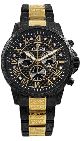 LOUIS XVI Palais Royale 1091 - Ø 43 mm - Herren Uhr - Wasserdicht - Vergoldet - Armband Schwarz/Gold - Zifferblatt Schwarz - Schweizer Quarzwerk