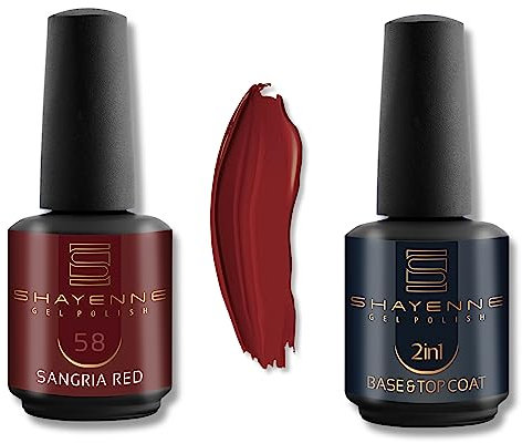 Shayenne 2er Set UV Gel Nagellack 58 Sangria Red Rot 15ml + 2in1 Base Coat und Top Coat 15 ml UV LED Lampe Unterlack mit Überlack Nagel Lack Gellack Nagelgel Shellac (30 ml)