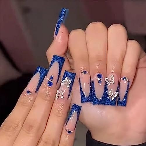 24pcs Long Co Coffin False Nails - French Tip Glitter Blue Stick On, Butterfly, Removable Glue On - Full Cover Fake Nails For Women & Girls - Nail Art Accessories