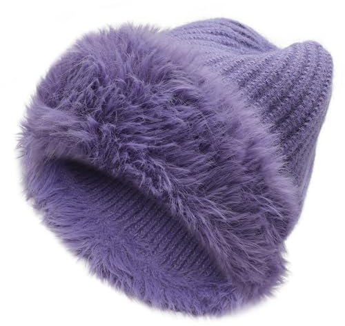 ZLYC Berretto invernale in pelliccia sintetica da donna, caldo, elasticizzato, con risvolto, Viola tinta unita., Taglia unica