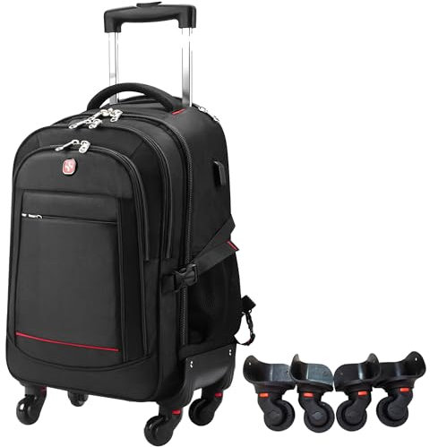 StarCloud Rollrucksack mit 4 zusätzlichen Ersatzspinnen, Rollen Rucksack für Reisen und Pendeln, Schwarz, 16-Inch, 4 abnehmbare Rollen