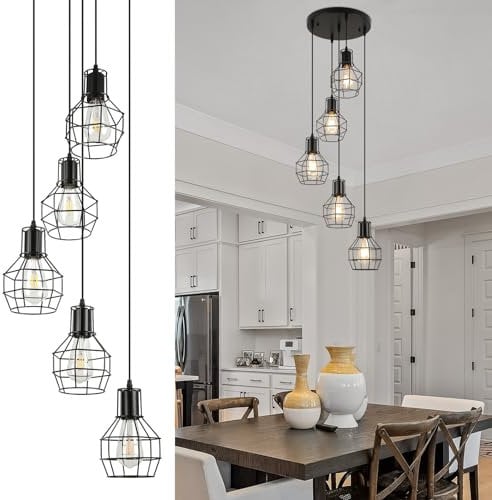 FORCOSO Pendelleuchte Esstisch 5 Flammig ø30cm, Esszimmerlampe Schwarz Metall Hängelampe E27 Esstischlampe Lampenschirm Einstellbar 150cm, Vintage Lampe Hängend Küche Wohnzimmer Treppenhaus