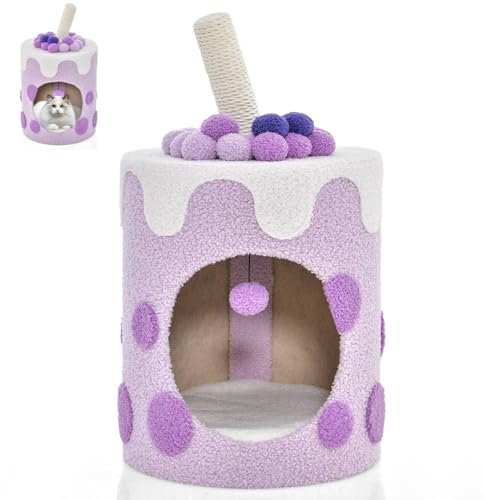 Maxmass Cat Condo, Kitten House with Rotatable Scratching Post, Removable Cushion & Dangling Ball Toy, Kitty Tree Cozy Cats Cave for Indoor (Purple+White)