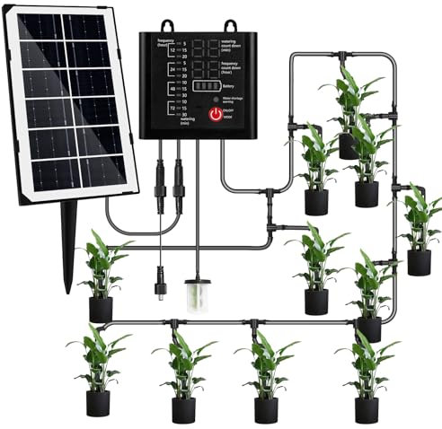 Kit de Riego por Goteo Automático Energía Solar con 12 Modos de Temporizador, Sistema de Riego Automático de Jardín con Manguera de 15 m para Jardín, Plantas en Balcón y Macetas al Aire Libre