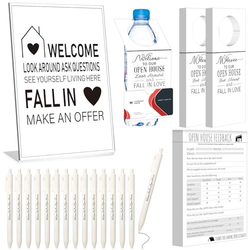 Eersida 151 Pcs Open House Supplies: 50 Water Bottle Name Tags, 50 Real Estate Open House Feedback Notepads, 50 Retractable Ballpoint Pens (Plain), Real Estate Marketing Supplies Kit