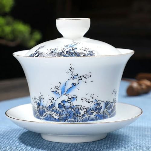 YOGAYE Sopera de té Dorada Pintada a Mano de Porcelana Blanca de 180ml, Arcilla Gaiwan para tazón de té con Tapa, Taza Gaiwan