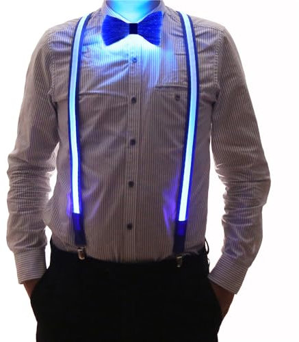 Brejkdo 2 Stück/Set, leuchtende Herren-LED-Hosenträger und Fliege, perfekt für Musik Festival, Halloween-Kostümparty (Blaue Farbe)