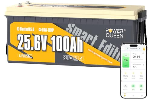 Power Queen LiFePO4 24V 100Ah Bluetooth Batterie für Wohnmobil | 100A BMS, Max. 15000 Zyklen, Low-Temp Schutz, 2.56KWh, für Trolling Motor, Marine, Heimspeicher, Off-grid