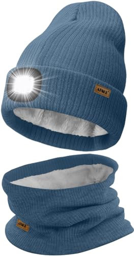ATNKE LED Mütze mit Licht und Schal Set, Wiederaufladbare USB 4 LED Beleuchtete Laufmütze Winter Warme Gefütterte Fleece Halsschlauch und Stricken Mütze für Herren und Damen Geschenke/Shadow Blue