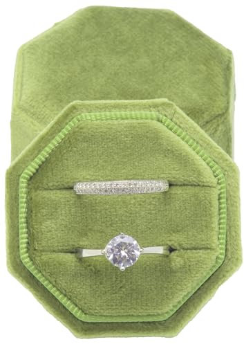 POKOFO Premium Velvet Ring Bearer Box for Proposal Engagement Wedding Ceremony - Equilateral Octagon Vintage Double Ring Display Holder with Detachable Lid (Olive Green)