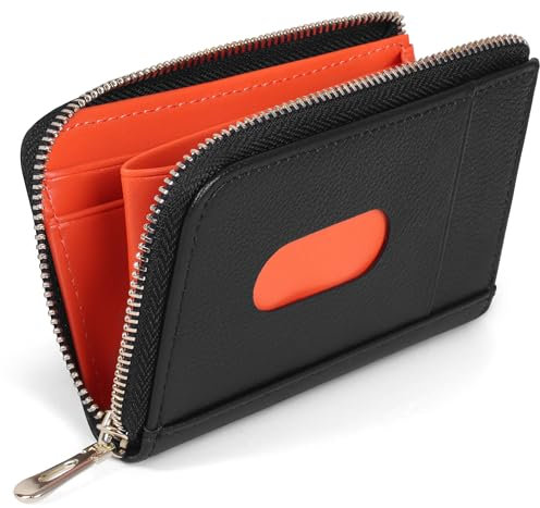 VISOUL Portafoglio Carta di Credito, Cerniere Porta Carte di Credito in Vera Pelle per Uomo, Blocco RFID Piccolo Porta Tessere con 5 Slot per Carte e 1 Tasca per Monete Nero+Arancio