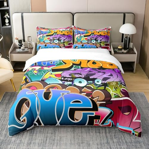 Loussiesd Graffiti Style Bettwäsche Set Kinder Hip Hop Thema Tröster Abdeckung für Jungen Teenager Jugend Illustration, Mann Bettbezug Street Culture Bettwäsche Set 135x200cm Baumwolle Bettbezug