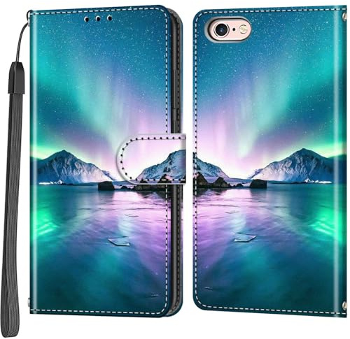 Salanheo Wallet Case for iPhone 6 / 6s, Ocean and Aurora | Card Slots, Kickstand, Shockproof, Magnetic Closure, PU Leather, Flip Wallet Book, Lanyard Strap