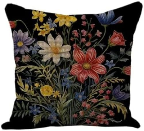WallustrioaW Kit per ricamare Federa a Punto Croce Piccoli fiori selvatici colorati,Needlepoint Kit Cuscino per Cuscino per ricamare,Ricamo per Cuscino a Punto Croce prestampato,45x45cm