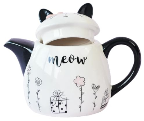 Théière en Céramique Chat, Décorative, Petite, pour Usage Quotidien | Capacité Compacte, Nettoyage Facile, Rangement Simple, pour Fleurs ou Thés à Infuser