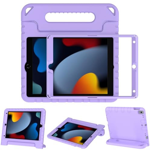 Surom Kids Case with Screen Protector for iPad 10.2 Inch 2021/2020/2019 (9th/8th/7th Generation), Shockproof Convertible Handle Stand iPad 10.2 Case for Kids, Light Purple
