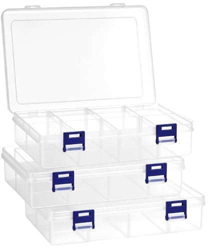 QWORK® 3 Pack Plastic Storage Box with 8 Adjustable Compartments, 20x13.3x4.6 cm, Transparent Organizer Box for Craft, Beads, Earrings and Accessories