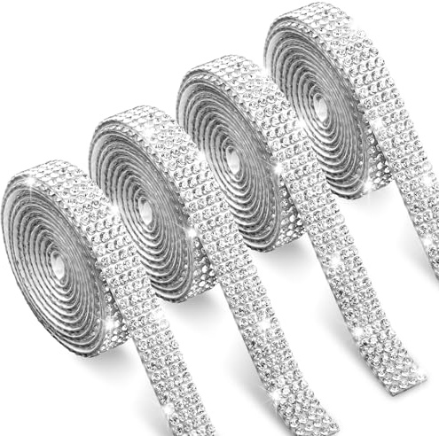 4 Rolle Selbstklebend Glitzerband Kristall Strasssteine Glitzerband Silber Strassband Deko DIY Diamant Band Kristall Strass Streifen Glitzersteine für Hochzeit Geburtstag Kleidung Kunsthandwerk