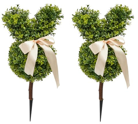 2 Stück Bunny Topiary, Künstlicher Buchsbaum Hase Gartenstecker, Osterhasenfigur mit Schleife, Künstlicher Häschen Formschnitt Baum Topf Grün künstliche Osterhasen-Pflanze Gartendekoration (70cm)