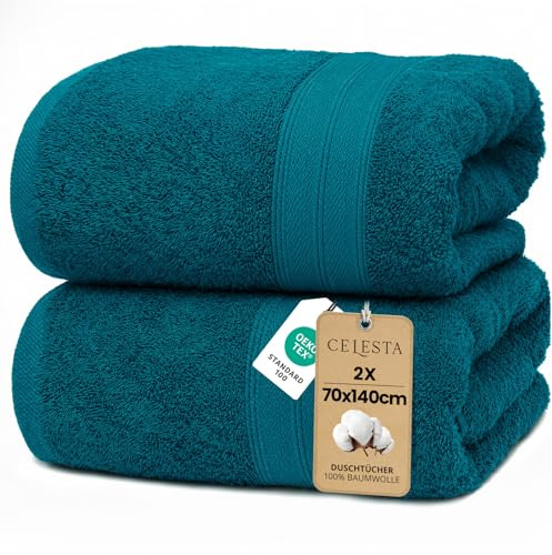 CELESTA Badetücher 70x140 cm, 2er-Set 100% Baumwolle Frottee, Türkis | OEKO‑TEX zertifiziert, Baumwolle Frottee Handtücher, weich & saugstark, mit Aufhänger, ideal für Badezimmer, Spa, Gym, Sport