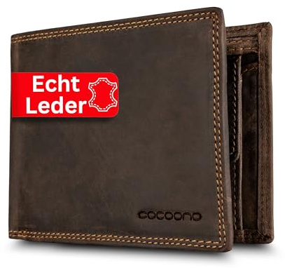 Cocoono Geldbörse aus Echtleder mit RFID-Schutz – Klassisches Portemonnaie/Geldbeutel Herren mit Münzfach, Reißverschlussfach & Kartenfächern – Robustes Leder Portmonee Herren in (Braun, 12cm)