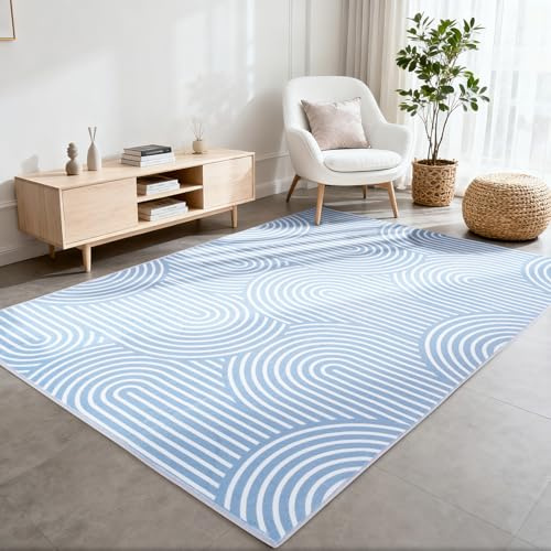 Teppich Wohnzimmer 140X200cm, Bogenmuster, 6 mm Ultradünn Niedriger, Blau | Teppich fürs Schlafzimmer, kurzflorig, weich und rutschfest, abstrakter für Klassenzimmer, Esszimmer, Büro, Kinderzimmer