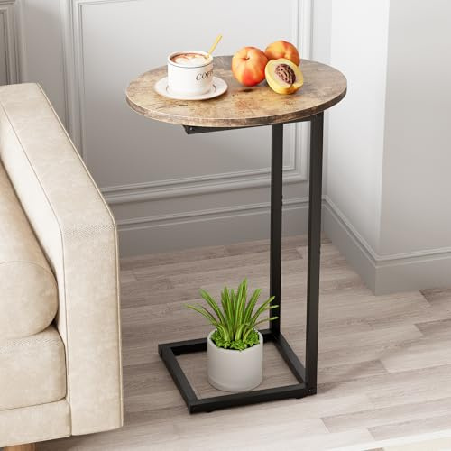 Katrawu C Shaped End Table,Oval Couch Sofa Side Table for Bed Slide Under Couch, Wood Small Round Snack Table with Metal Frame, TV Tray Table for Small Space, Living Room,Easy Assembly(Brown)
