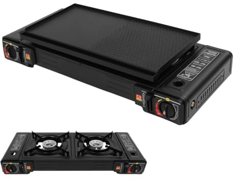 Charocean Camping Gaskocher 2-Flammig mit Grillplatte & Tragetasche, 2×2500W Gas Campingkocher 2 Flammig, Tragbarer Gasherd Camping, Überdruckschutz, Gaskocher für Töpfe bis 34cm