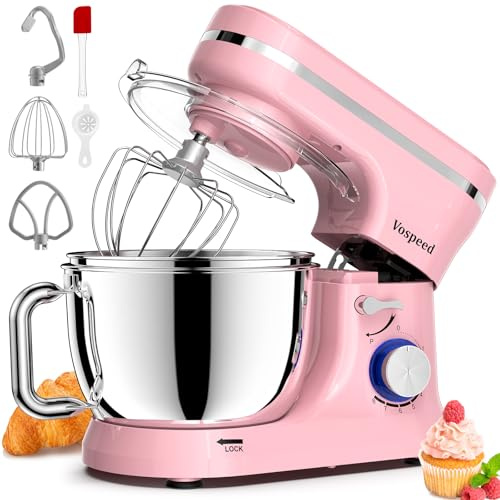 Vospeed Stand Mixer, 4.5L+5L Bowls 8-speed 1000W Tilt-Head Food Mixer, Kitchen Electric Mixer with Dough Hook, Whisk, Beater, Splash Guard (Pink)