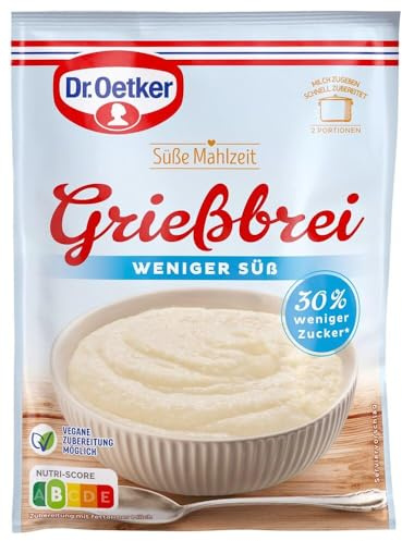 Dr. Oetker Süße Mahlzeit Grießbrei weniger süß, 16er Pack Dessert-Pulver für Grießbrei mit 30% weniger Zucker, als Hauptmahlzeit oder als süßer Snack zwischendurch, 16 x 76g