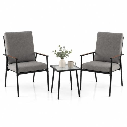 GOPLUS Juego de Muebles de Jardín Exterior de 3 Piezas con 4 Cojines | Conjunto de Conversación de Patio con 2 Sillas, Mesa Auxiliar de Vidrio Templado, Juego de Mesa y Sillas para Terraza Piscina