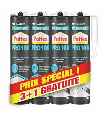 Pattex PL 100 Colle Acrylique, Lot de 3 cartouches de 380 g + 1 Gratuit - Colle de fixation pour intérieur, Colle résistante multi-matériaux, Colle extra forte lavable à l'eau