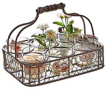 Loberon Windlichthalter Vichère, Tragekorb mit formschönem Griff, mit sechs Windlichtern, für Teelichter geeignet, Kerzenhalter, Dekoration, Eisen, Glas, grau