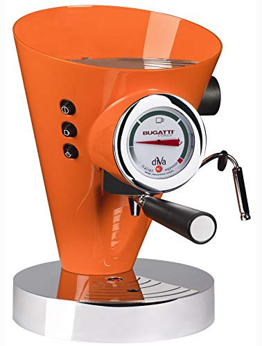 BUGATTI, Diva, Espresso Coffee and Cappuccino Machine, for Ground Coffee and Pods, Non-Stop Steam Function, 15 bar, 950 W, Capacity 0.8 Liter, Elegant Design (Orange)