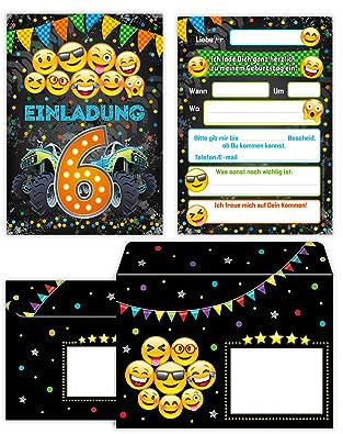 Junaversum 12 Einladungskarten incl. 12 Umschläge zum 6. Geburtstag Kinder sechste Kindergeburtstag Auto Monster-Truck orange
