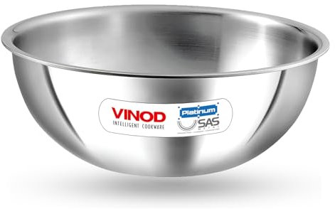 Vinod Platinum Triply Stainless Steel Tasla -1.2 Litre (20 cm) | 2.5 mm Thick | Steel Tasra Kadai/Kadhai | 5 Year Warranty | Induction & Gas Friendly, Heavy Bottom - Silver