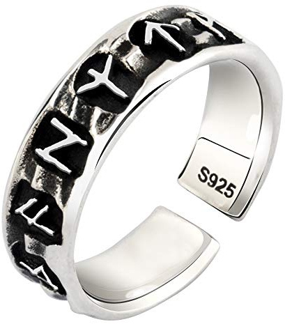 Vintage Schwarz 925 Sterling Silber Wikinger Runen Ring für Herren Damen Offen Verstellbar Größe S/M/L