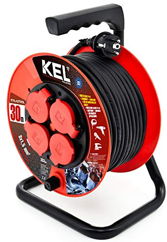 KEL-ELECTRIC Kabeltrommel mit 30 m GUMMI Kabel 3x1,5 mm2, 230 V/16A -Verlängerungskabel -Kunststoffrommel mit 4 Schutzkontakt Steckdosen-IP44 | 230V/16A, Verlängerungskabel, Kunststofftrommel, 4 Schutzkontakt Steckdosen, IP44