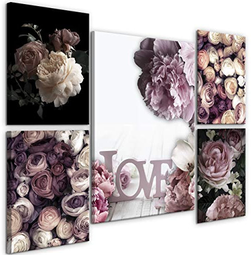 decomonkey Bilder Set Blumen 110x80 cm 5 Teilig Leinwandbilder Bild auf Leinwand Vlies Wandbild Kunstdruck Wanddeko Wand Wohnzimmer Wanddekoration Deko Rose Natur Love