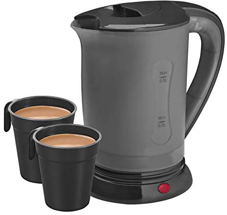 0.5 Litre Compact 600W Dual Voltage Black Travel Kettle with 2 Cups | 110V / 240V