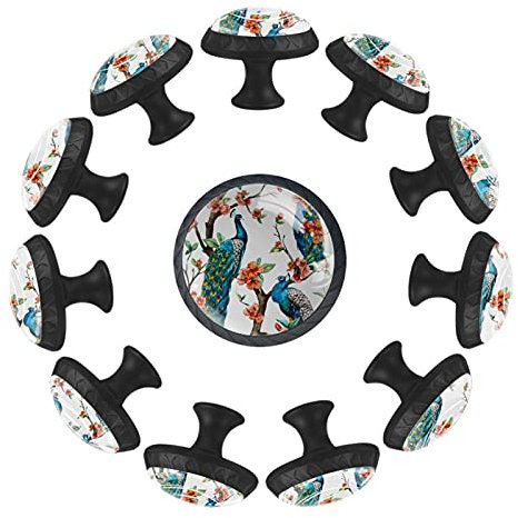 Wasserfarbener, Pfau auf Kirschbäume, 12 Stück, runde Schubladenknäufe, 35 mm, für Schlafzimmer, Kommode, Kinderzimmer, Spielzimmer
