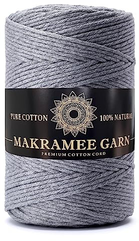 Makramee Garn. Baumwollgarn Kordel. 100% Natur Baumwoll-Kordel. Perfekt für Basteln, DIY, Handwerk & Stricken. 100% Natur Baumwollgarn, Dicke Macrame Cord (Grau, 3mm/200m)