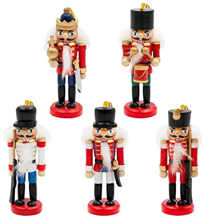 The Christmas Workshop 5PK Wooden Nutcrackers/Hanging Christmas Tree Decorations/Festive Ornaments (Red and White)