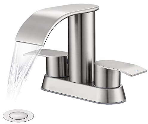 Ultimate Unicorn Waterfall Bathroom Sink Faucet Brushed Nickel, Two Handles Bathroom Faucet with Metal Pop up Sink Drain Stopper, Two Or 3 Holes Bathroom Basin Mixer Tap with Deck Mount Plate
