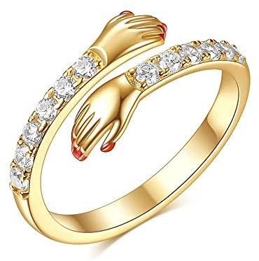 QKEPCY 925 Sterling Silber Umarmungsring Verstellbarer Paar Umarmungsring Kristall Ring Romantischer Love Hugging Hands Ring Silber Geben Sie Mir Eine Umarmung Hand Offene Ring (Gold)