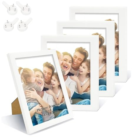XHDA 4er Set 10x15cm Bilderrahmen Weiß, Holz Fotorahmen für Wand oder Tischdisplays Fotos, Kinderzeichnung
