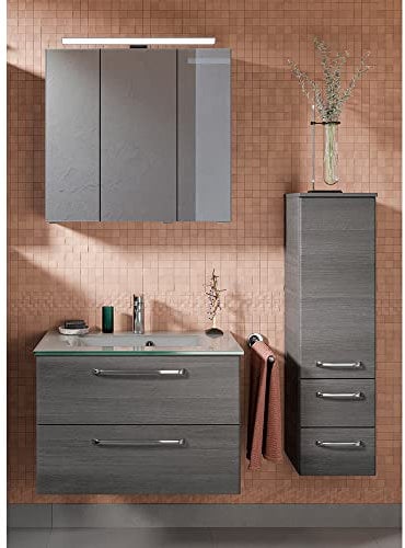 Lomadox Badezimmer Badmöbel Set mit Waschtisch 77 cm Glaswaschbecken Midischrank Spiegelschrank Aufbauleuchte Graphit Struktur quer