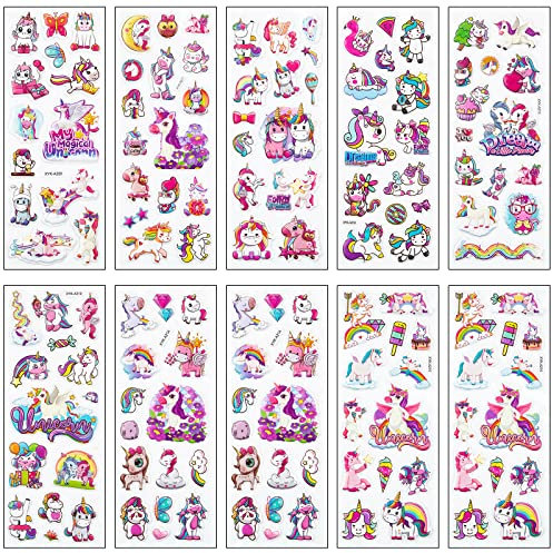 Aufkleber für Kinder, 10 Blätter Einhorn Thema Aufkleber Einhorn 3D Geschwollene Aufkleber, Belohnung Aufkleber für DIY Cartoon EinhornKindergeburtstag Gastgeschenke Taschen Mitgebsel (B)