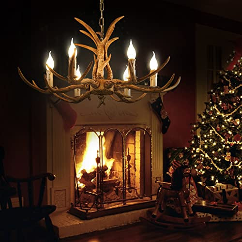 Yolancity 6-Kopf Geweih Pendellampe Retro Hirschgeweih Lampe Geweihlampe Wohnzimmer Lampe Decke Hängend 6 Lampenschirm Pendellampe Für Wohnzimmer Schlafzimmer Restaurants Bars Cafés